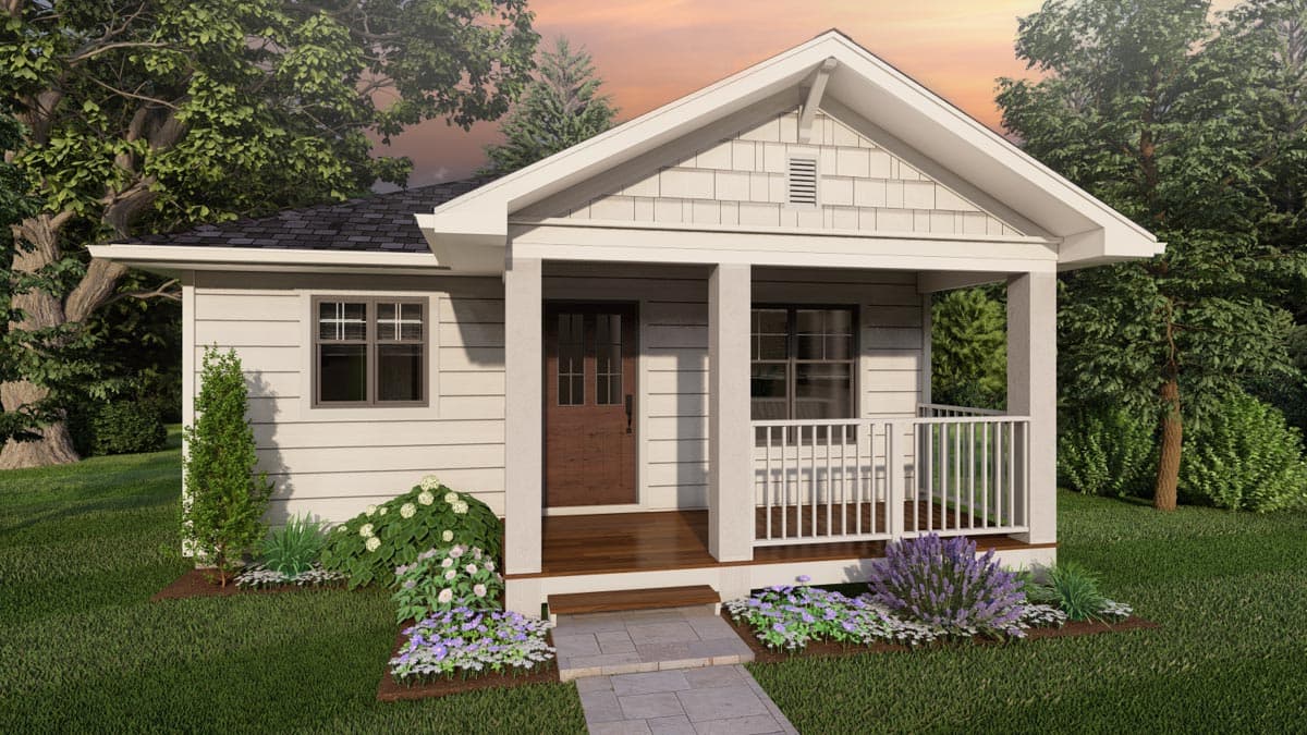 House plan exterior: Small one-story home with front-facing gable, covered porch with white railings, horizontal siding, and paired windows.