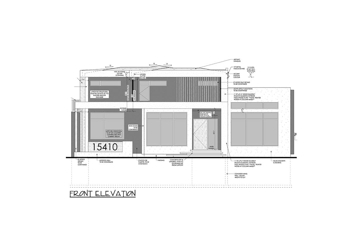 Front elevation drawing of a two-story house plan featuring stucco, wood slat details, large windows, and a modern roofline.