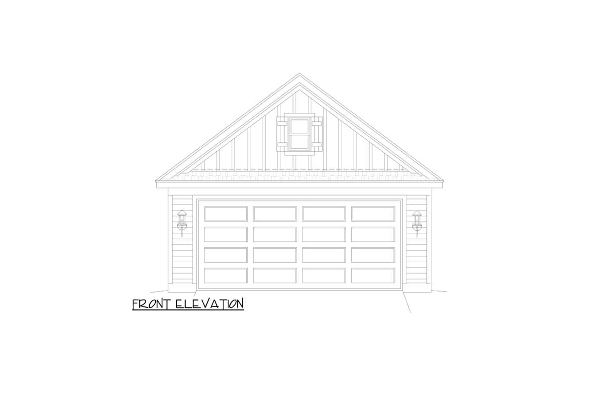 Front elevation drawing of a two-car garage with a gable roof, decorative gable vent, and carriage-style garage doors.