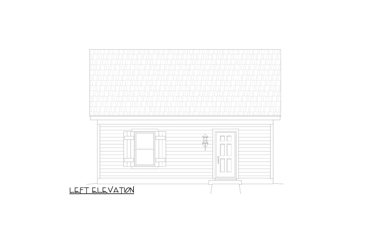 Left elevation house plan with vinyl siding, one window with shutters, and a front door with a light fixture.