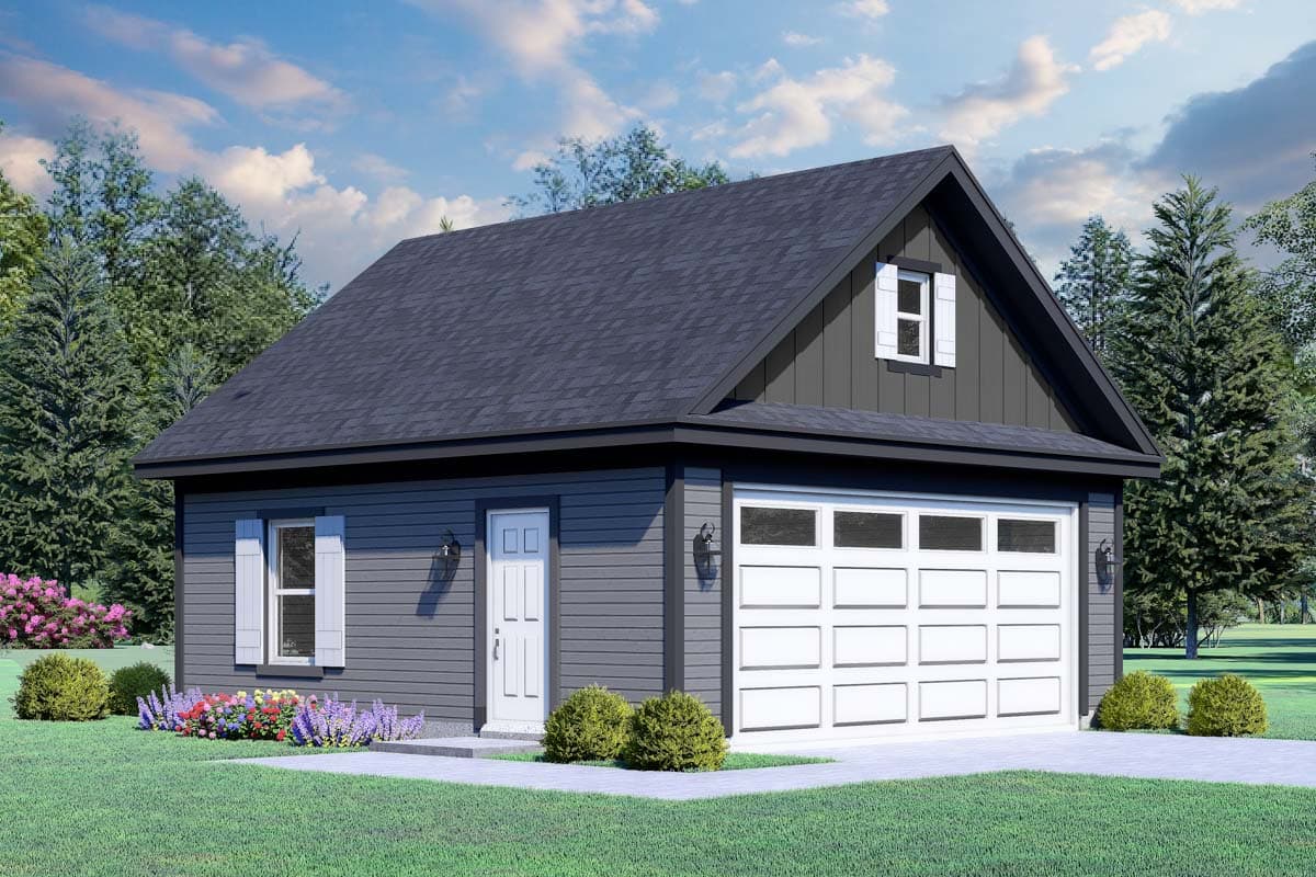 House plan exterior. Two-story structure with gable roof. Features include garage door, small dormer window, and horizontal siding.
