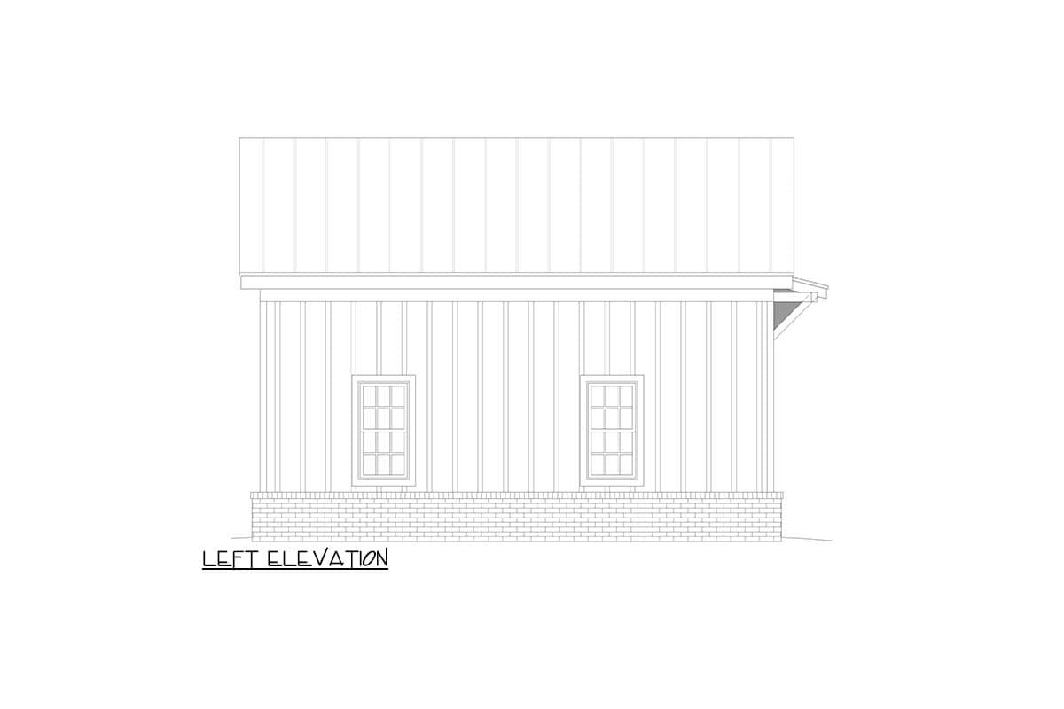 Left elevation drawing of house plan featuring vertical siding, two windows, metal roof, and brick foundation.