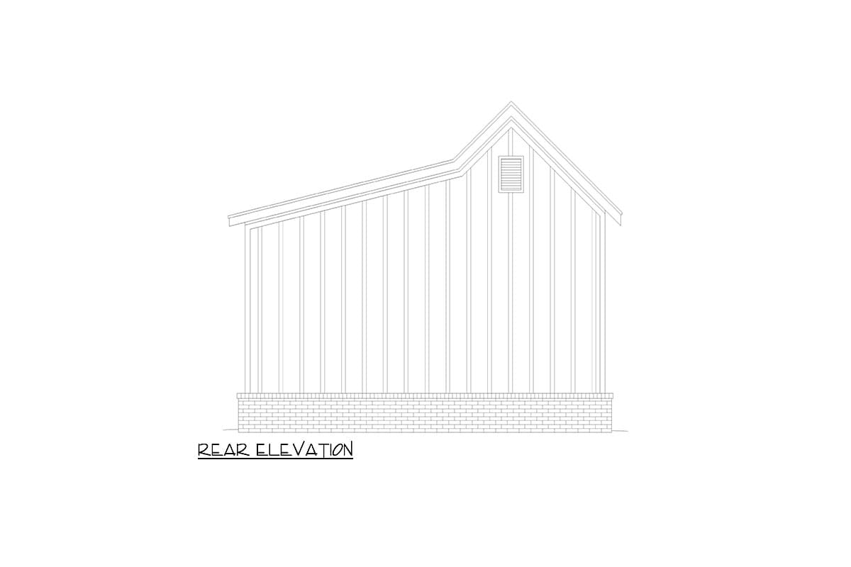 Rear elevation drawing of a house with vertical siding, a gabled roof, a vent in the gable, and a brick foundation.