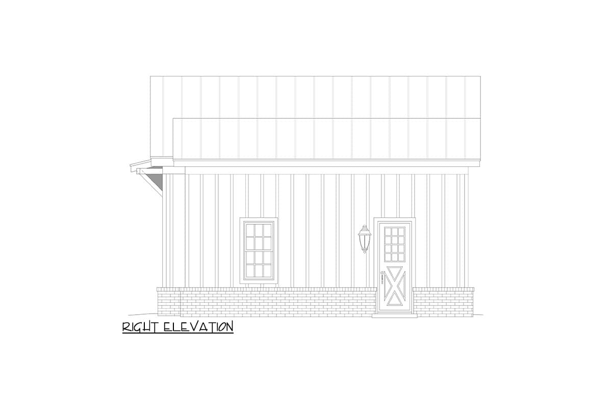Right elevation house plan showing vertical siding, brick base, paneled door with transom window, and a small window.