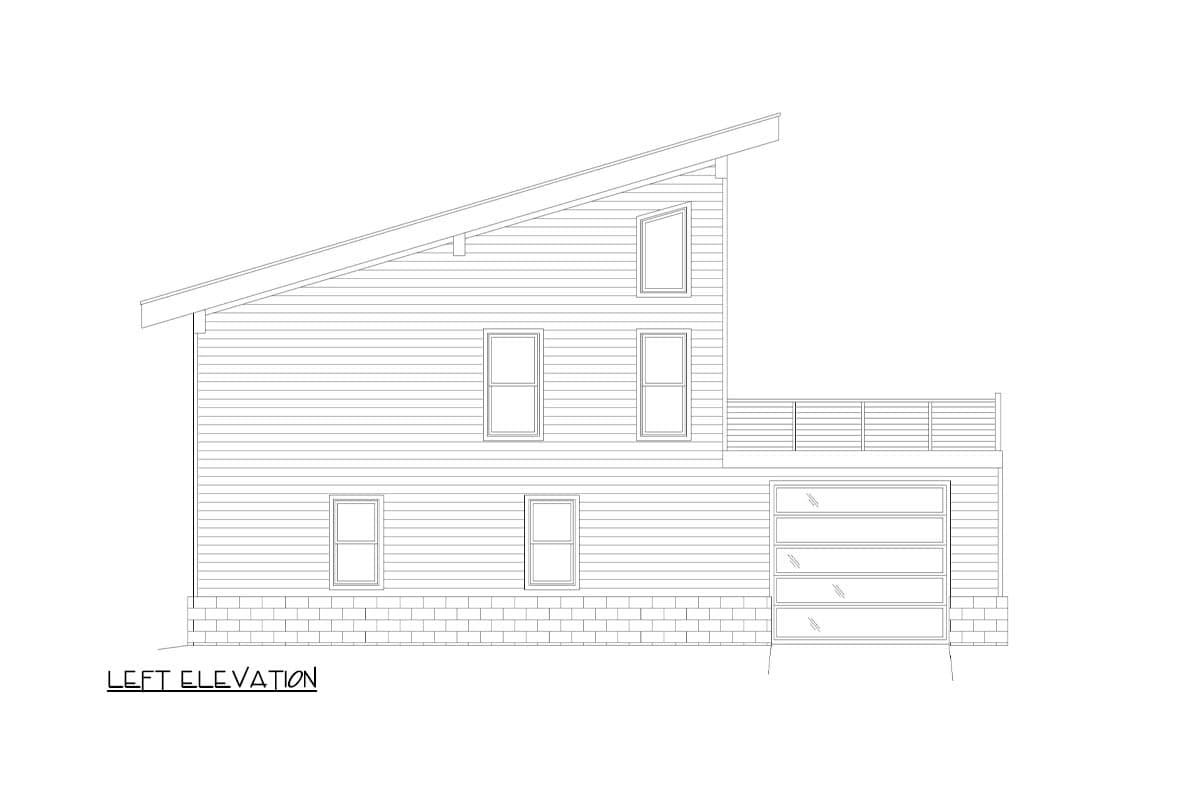 Left elevation house plan showing a two-story building with a sloped roof, horizontal siding, and a garage.