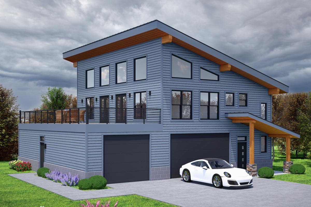 House plan exterior view of a two-story modern home. Features include a flat roof, cantilevered porch, balcony, and two-car garage.