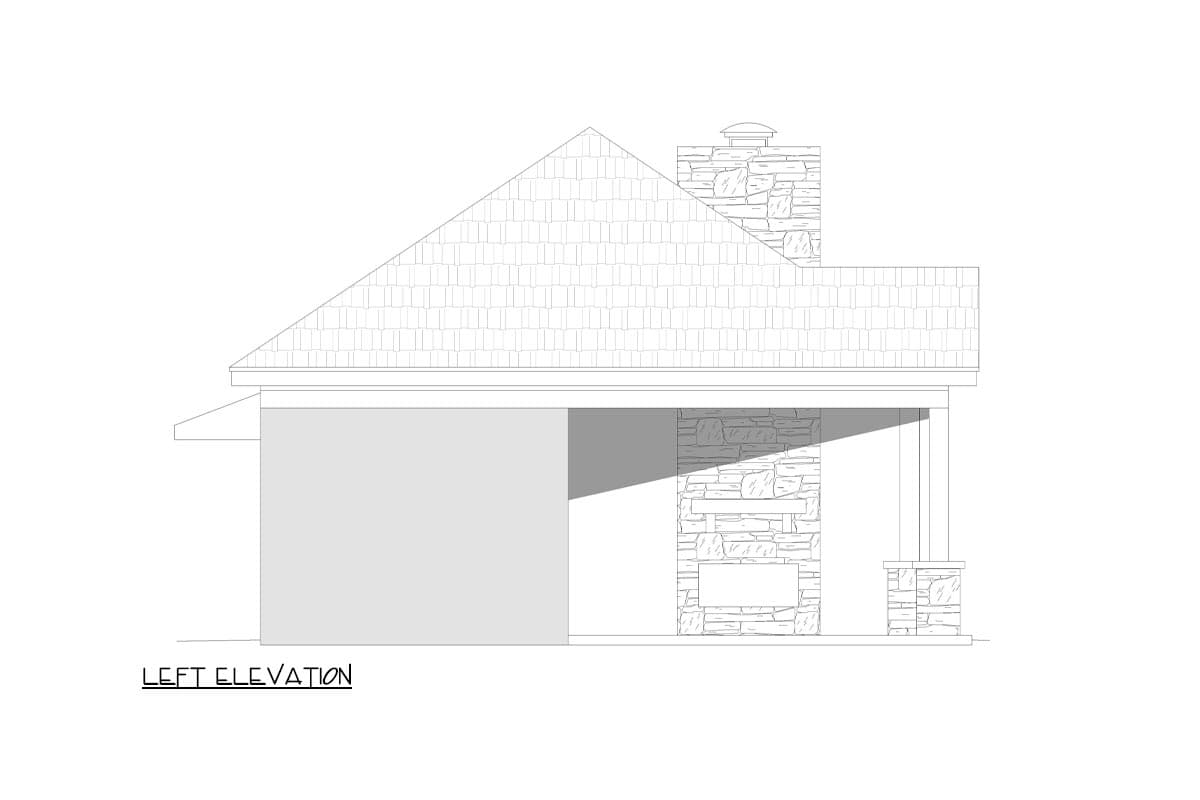 Left elevation drawing showing a gabled roof, stone chimney, and stone exterior accents.