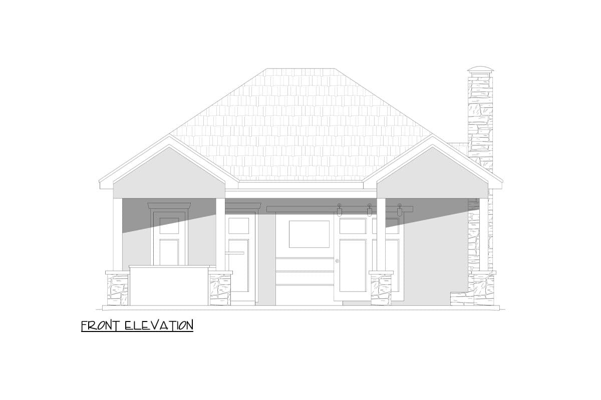 Front elevation drawing of a one-story house with a covered porch, gables, and stone chimney.