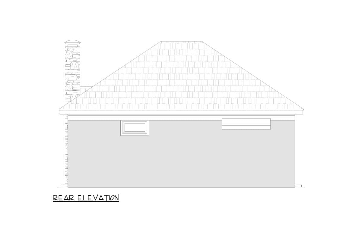 Rear elevation drawing of a house with a shingled gable roof, stone chimney, and two small rectangular windows.