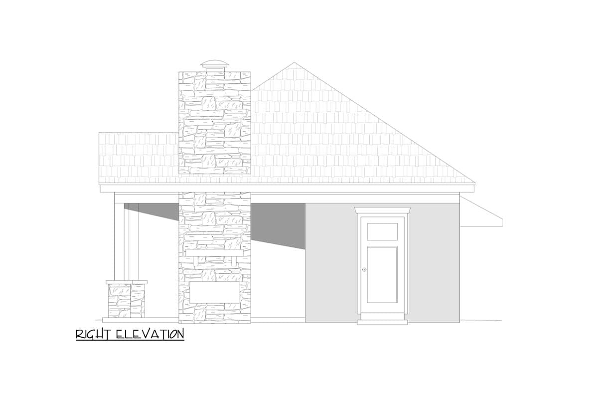 Right elevation of house plan featuring a prominent stone chimney, covered porch with stone accents, and a single door.