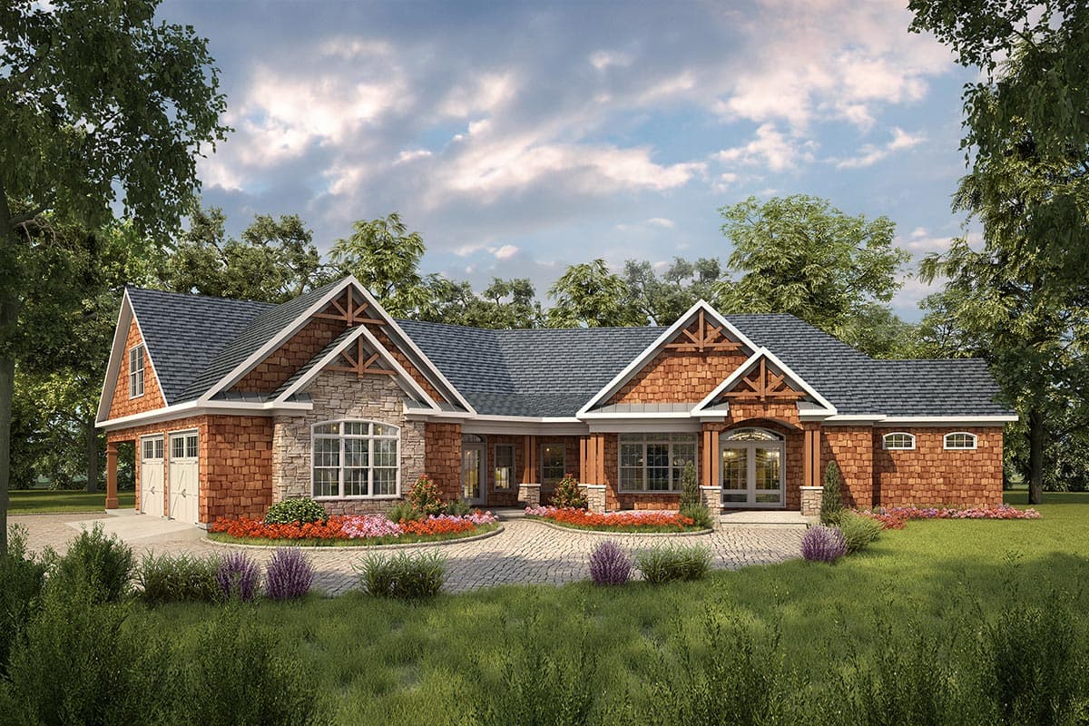 House plan exterior with stone and wood shingle siding, gables, and a side-entry garage.