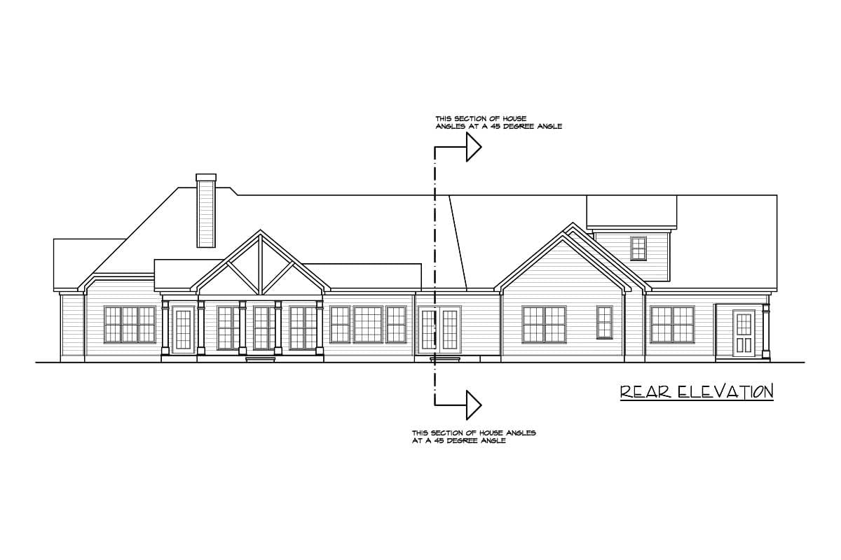 Rear elevation house plan showing a long ranch with a prominent gabled entryway and multiple windows.