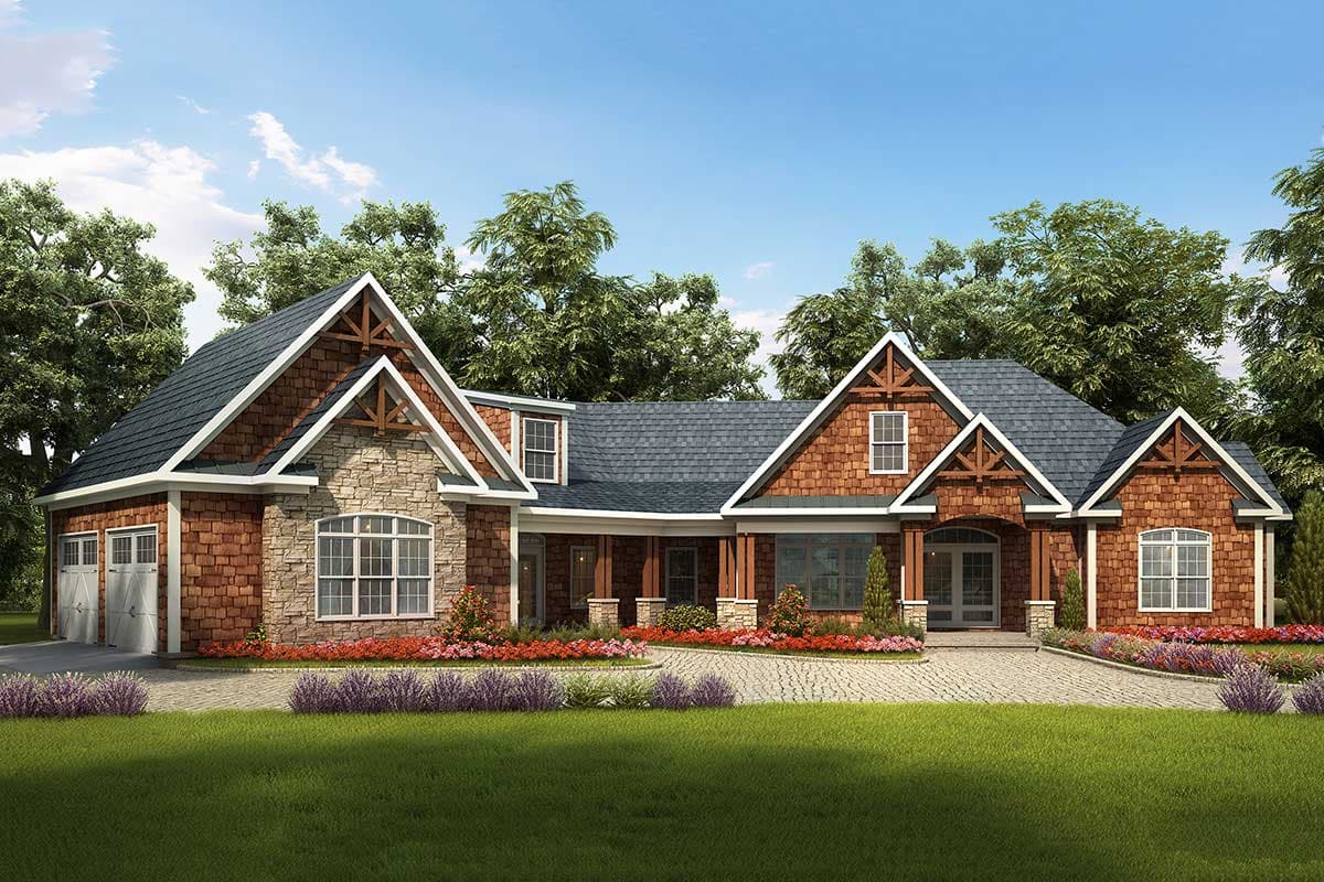 House plan exterior: One-story Craftsman style with stone and wood shingle facade, prominent gables, dormers, and covered entry.
