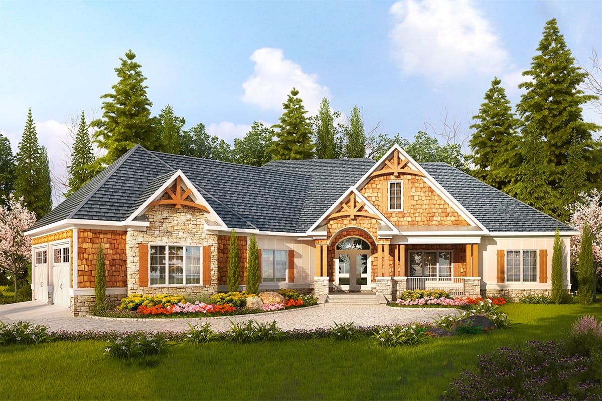 House plan exterior. Craftsman style, one story home with front porch, gables, and shake siding. Attached garage on left.