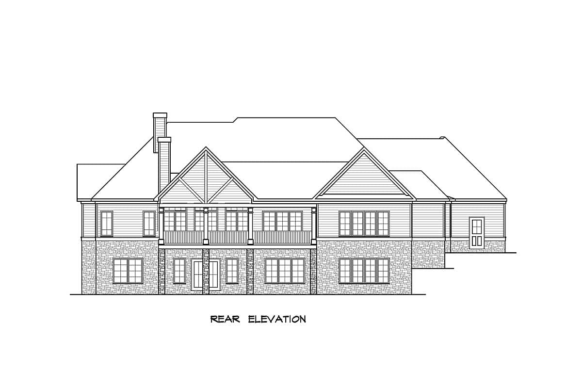 Rear elevation house plan with stone foundation, multi-level rooflines, exposed rafter tails, and a covered second-story balcony.