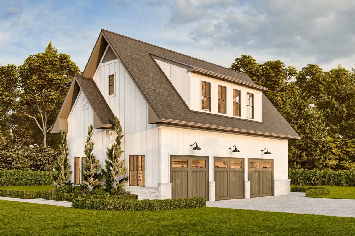 Modern Farmhouse style house plan exterior with white vertical siding, three garage doors, and dormer windows.