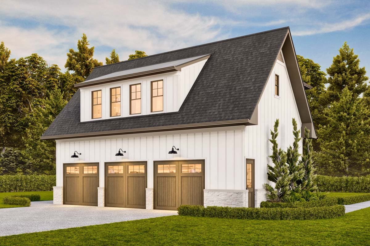 Modern Farmhouse style house plan exterior with three garage bays, dormer windows, and board and batten siding.