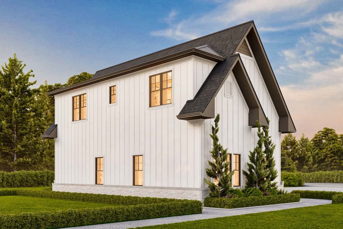 House plan exterior: Two-story Modern Farmhouse with vertical siding, multiple gables, and a stone foundation.