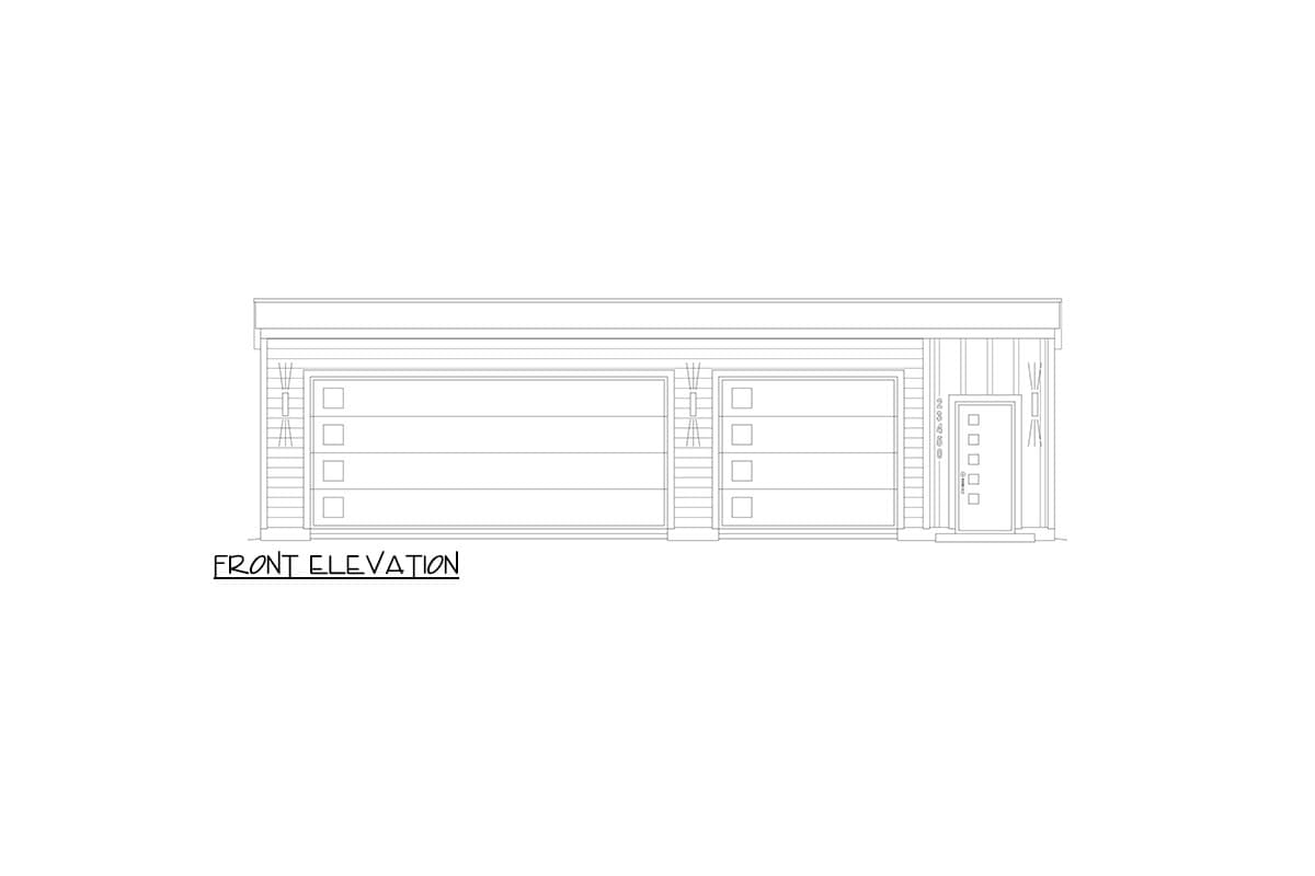 Front elevation drawing of a house with a two-car garage and a single-car garage, side-by-side, with a front door.