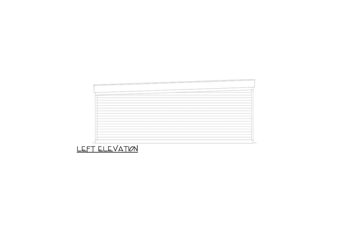 Left elevation drawing of a house plan showing horizontal siding and a sloped roofline.
