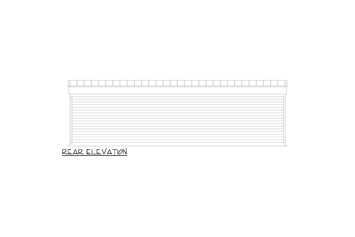 Rear elevation drawing of a house plan, showing horizontal siding and a segmented roofline.