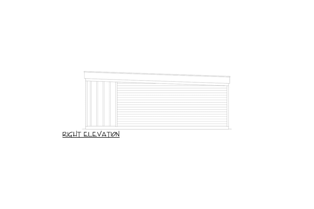 Right elevation drawing of a house with a shed roof and vertical siding detail on the left.