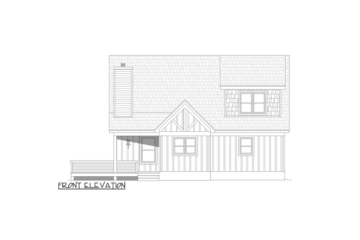 Front elevation drawing of a two-story house plan with a covered porch, gabled roof, dormer window, and vertical siding.