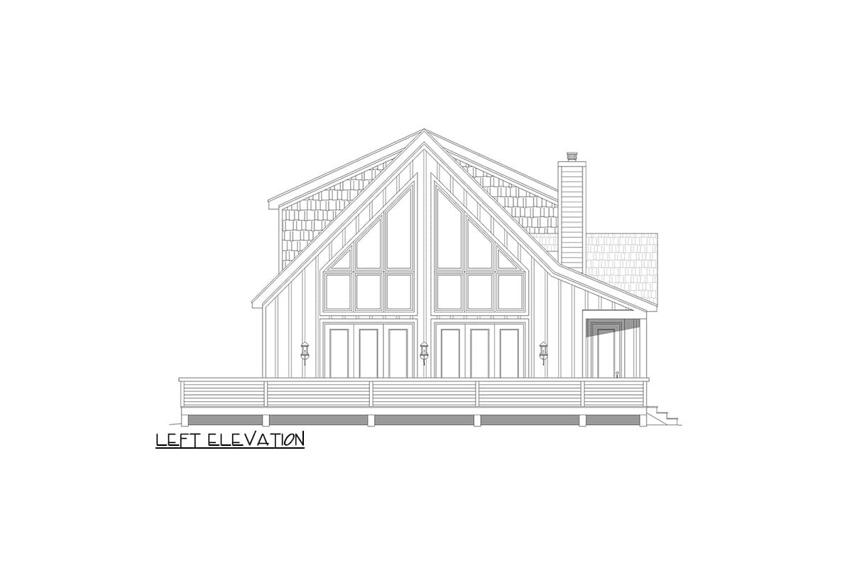 Left elevation house plan showing a two-story structure with a prominent A-frame roof, large gable windows, double doors, and a wraparound deck.