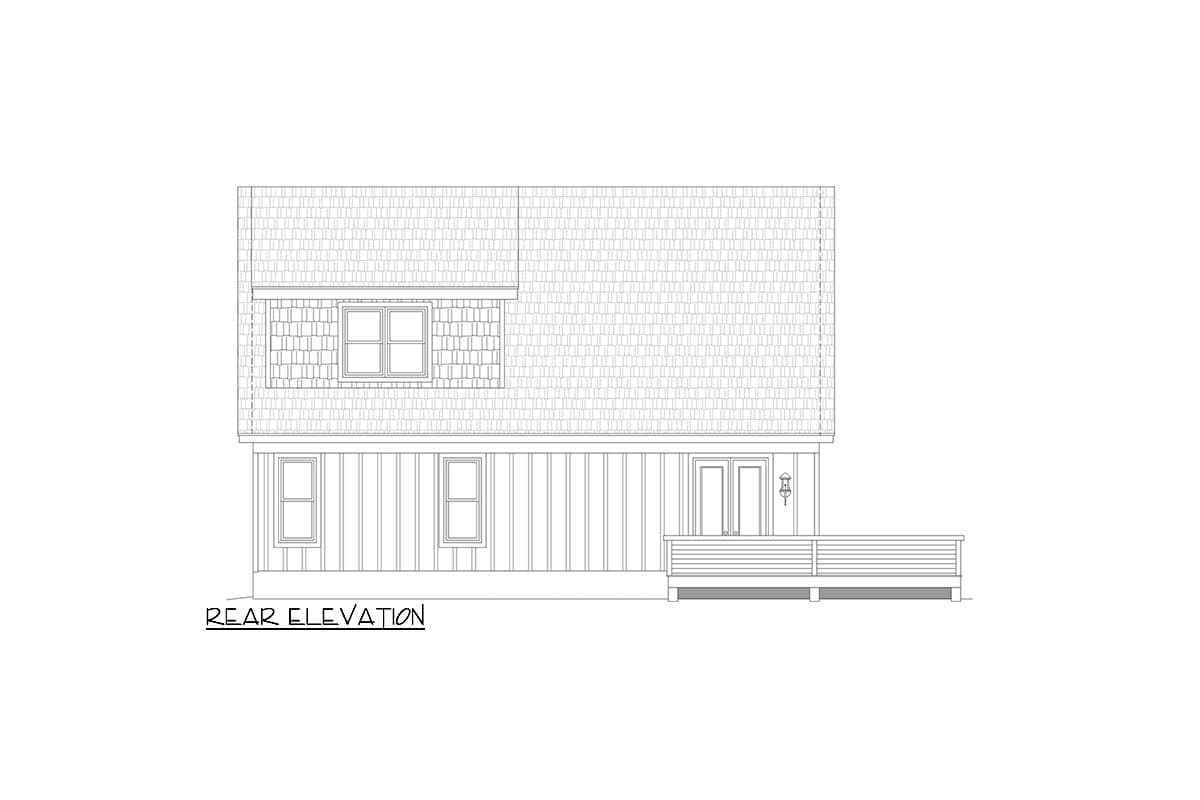 Rear elevation drawing showing a two-story house plan with a dormer, vertical siding, double doors, and a deck.