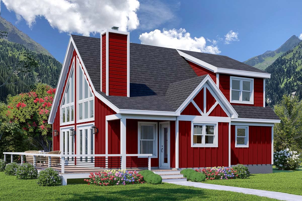 House plan exterior with two stories and gabled roof. Features include large front windows, a front porch, and a prominent chimney.
