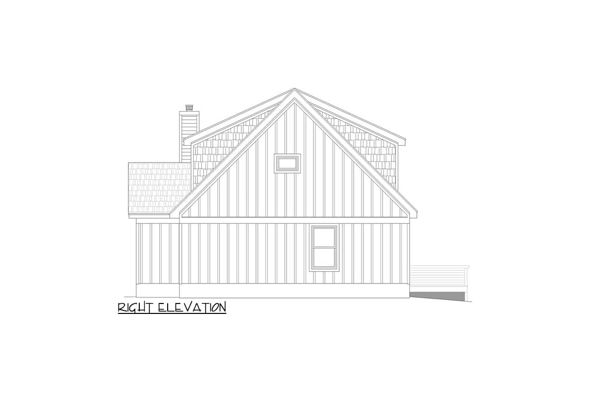 Right elevation of a house plan showing vertical siding, shingled gable, chimney, and a deck.