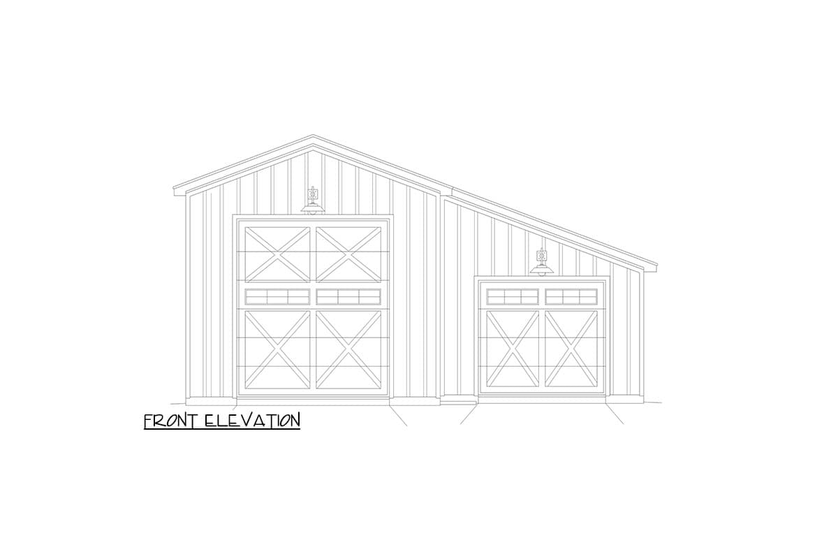 Front elevation drawing of a house plan featuring vertical siding, a shed roof, and two carriage-style garage doors.