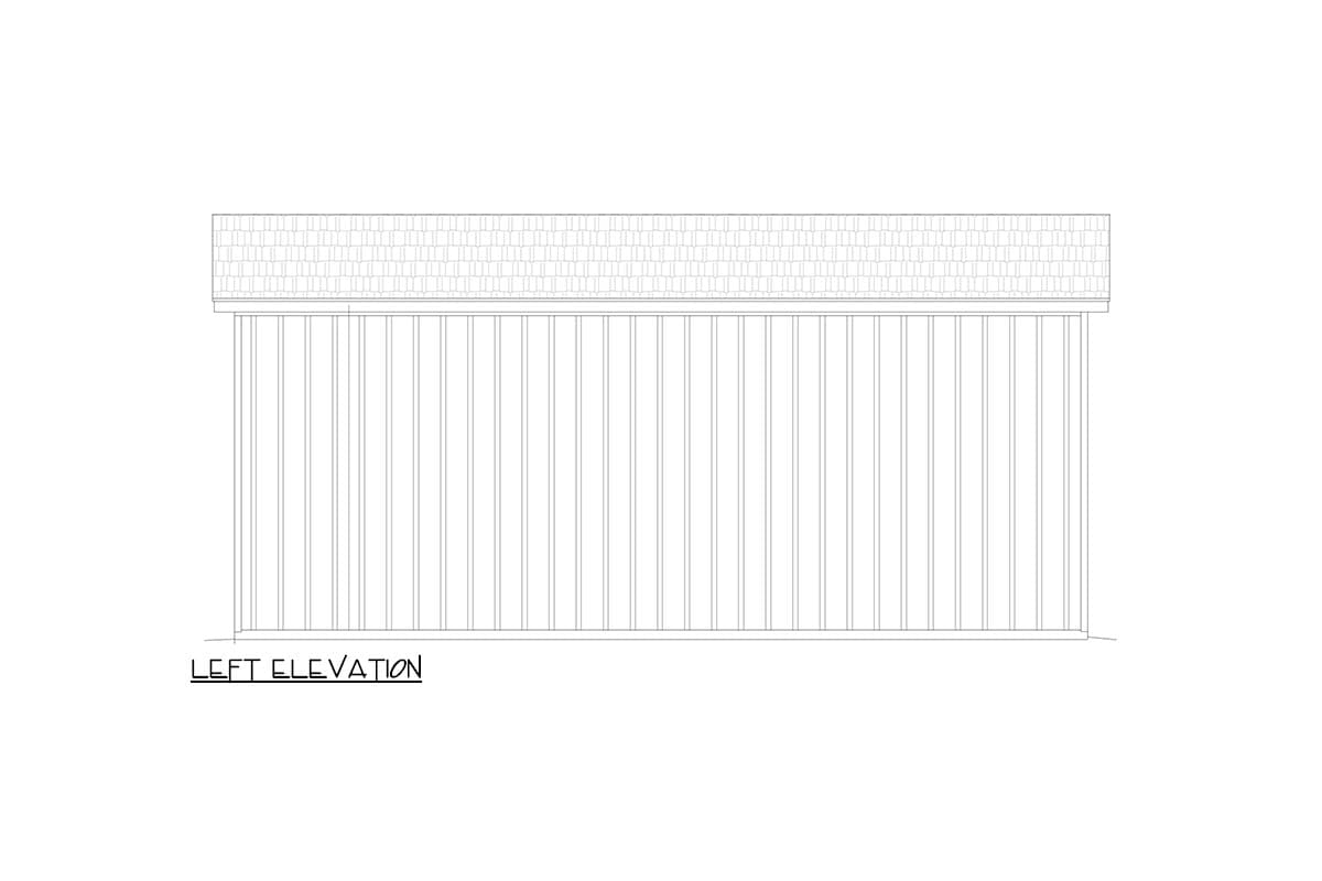 Left elevation drawing of a house plan showing a gabled roof and vertical siding.