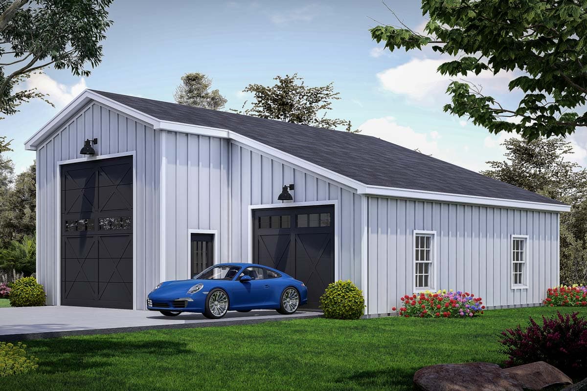 House plan exterior. Two-story Modern Farmhouse style with vertical siding, two garage bays, and a gabled roofline.