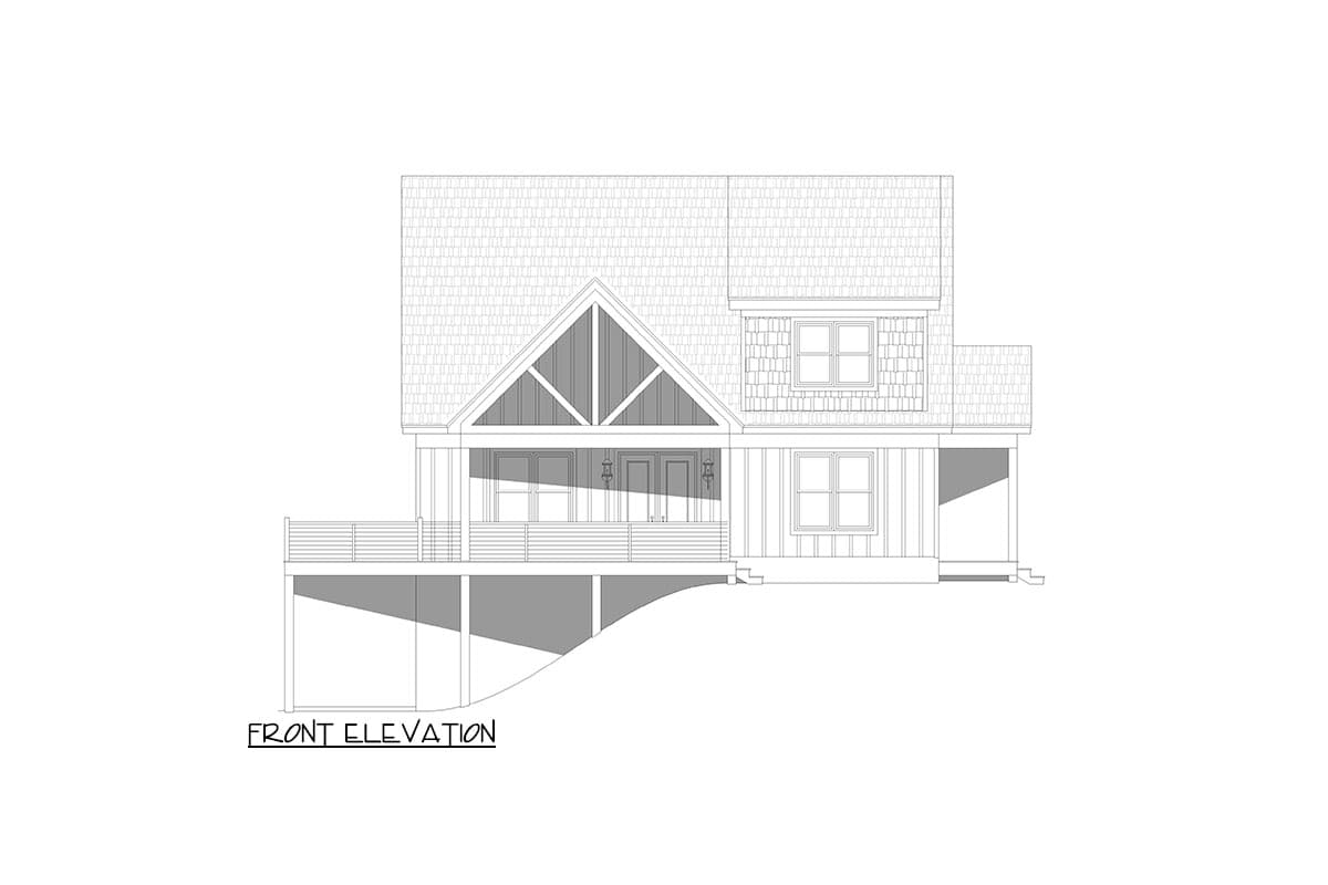 Front elevation house plan with prominent gable, covered porch, deck, and multiple windows.
