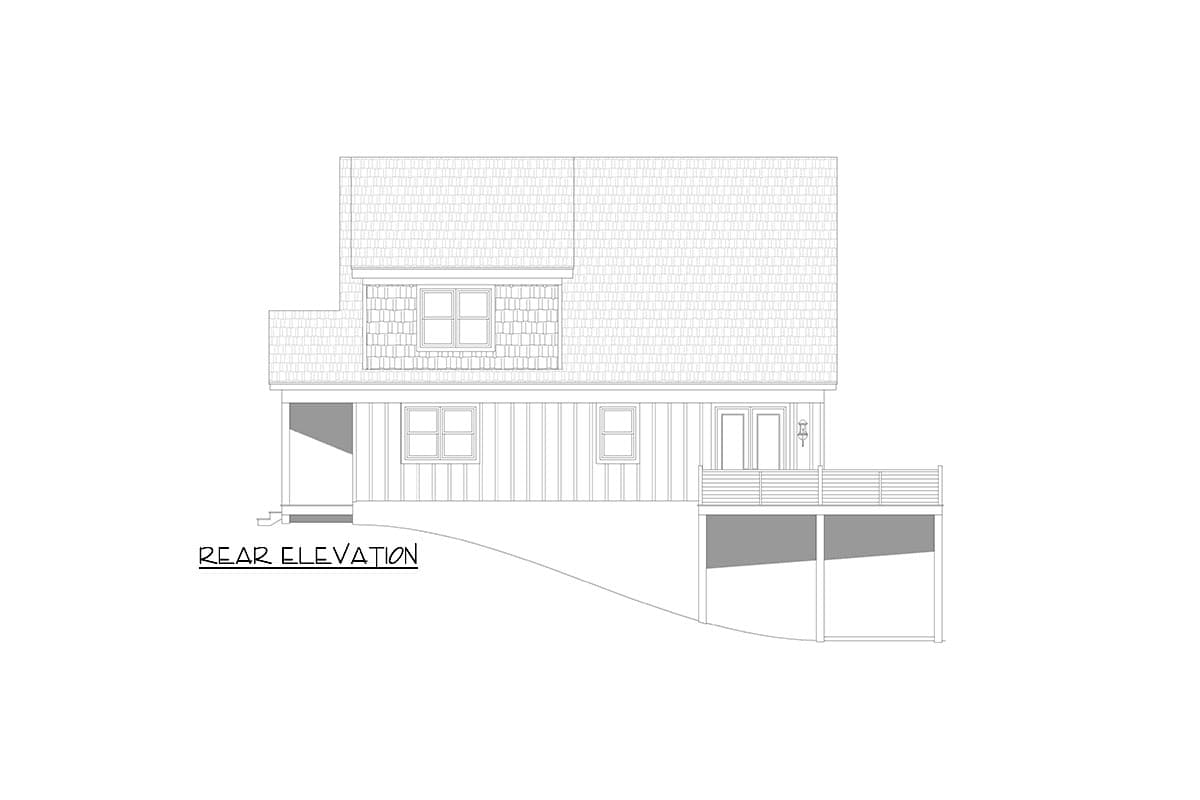 Rear elevation drawing of a house plan, showing a dormer, double doors, and a deck with railing.