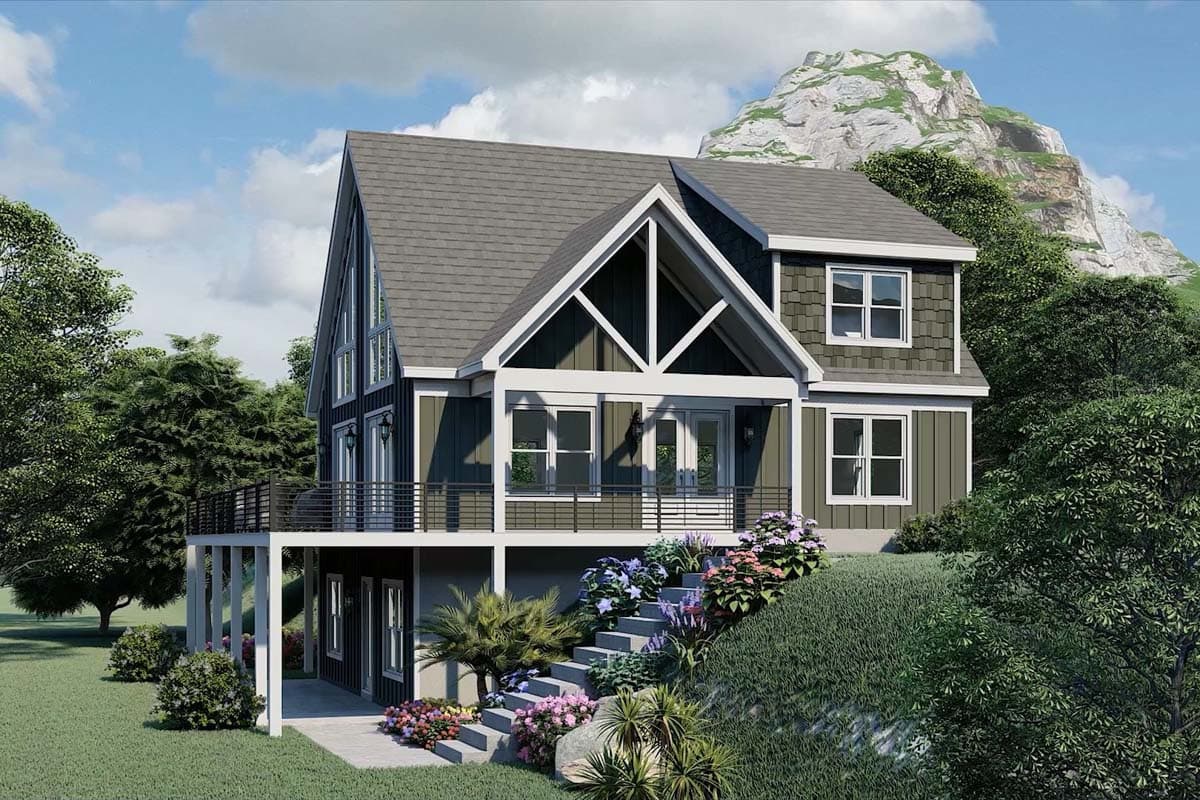 House plan exterior: two-story home with steeply pitched gable roof, large A-frame window, and wrap-around deck.