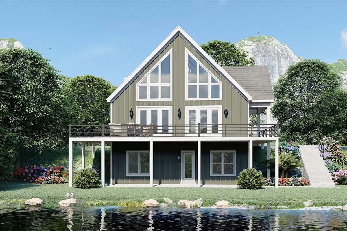 House plan exterior: Modern A-frame design with large triangular windows, two stories, and a wrap-around deck.