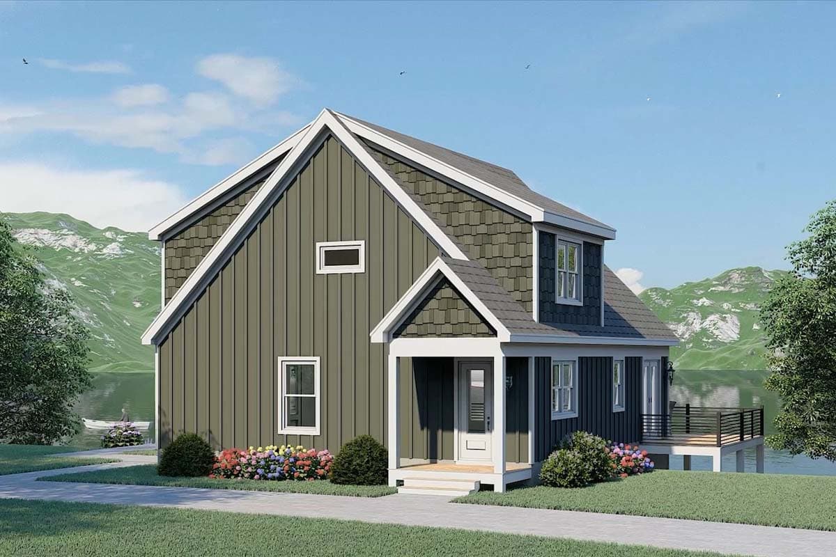 House plan exterior: Two-story home with a covered front porch, gabled rooflines, and a side deck overlooking water.
