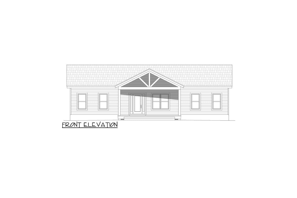 Front elevation drawing of a single-story house with a covered front porch, gabled roof, and symmetrical window placement.