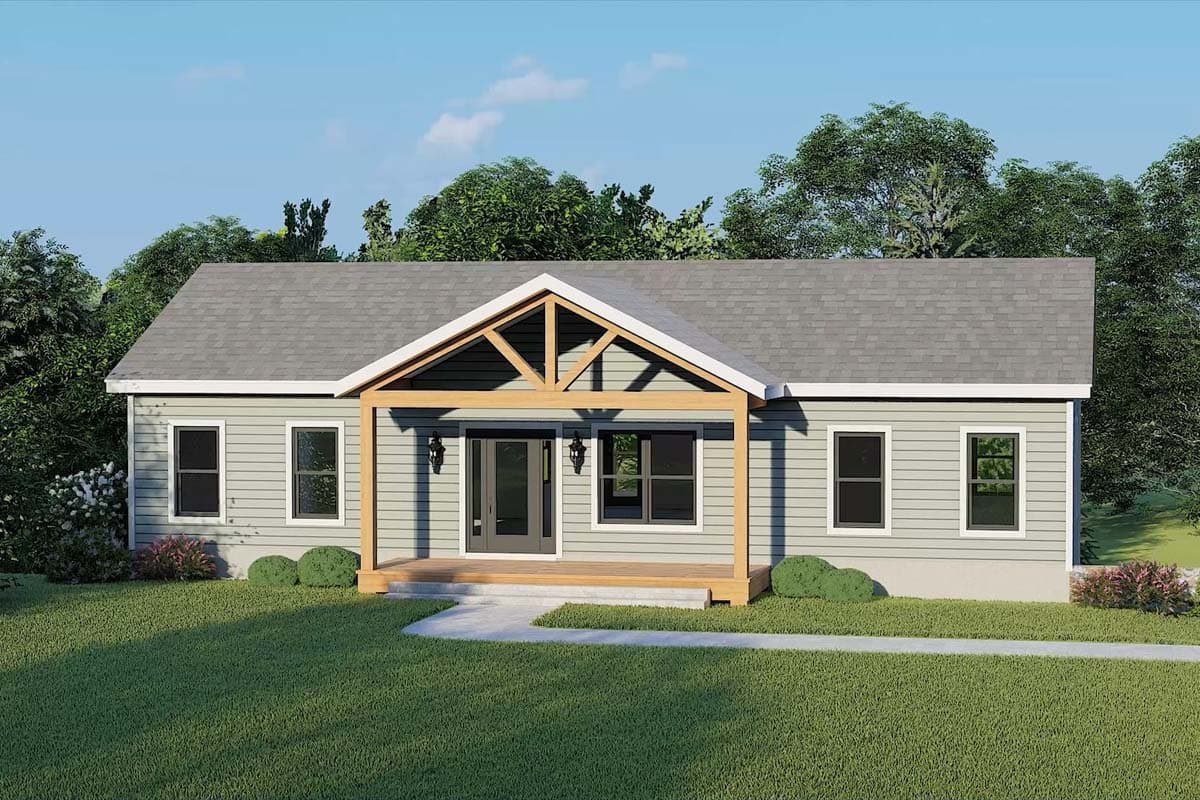 House plan exterior: one-story Modern Farmhouse with gable roof, covered porch with exposed wood beams, and double front door.