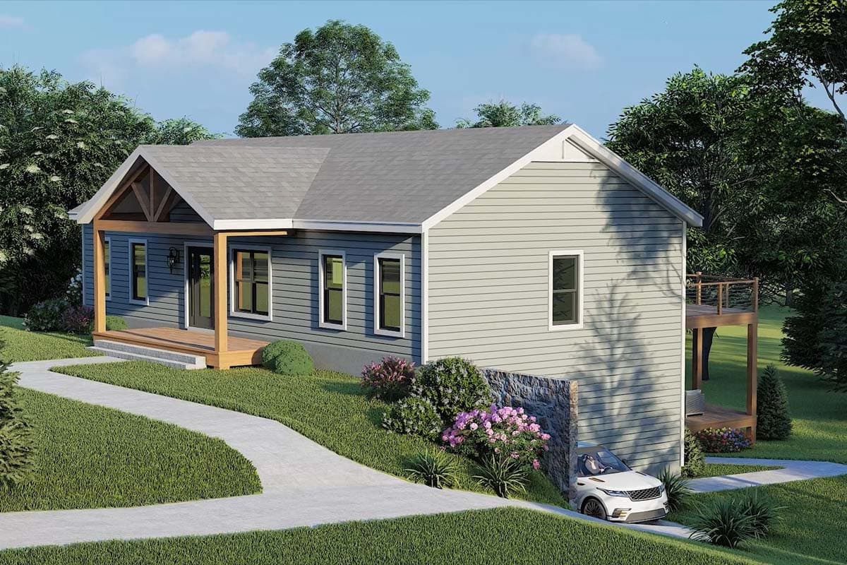 Modern Farmhouse house plan exterior with front porch, exposed rafter tails, and two stories visible from the rear deck.