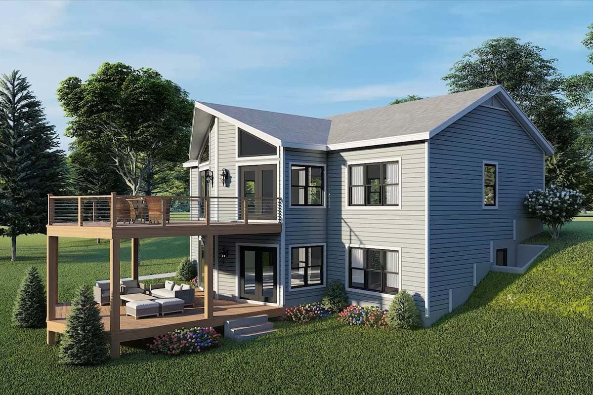 House plan exterior: Two-story modern design with layered decks, prominent gables, and a sloped roofline.