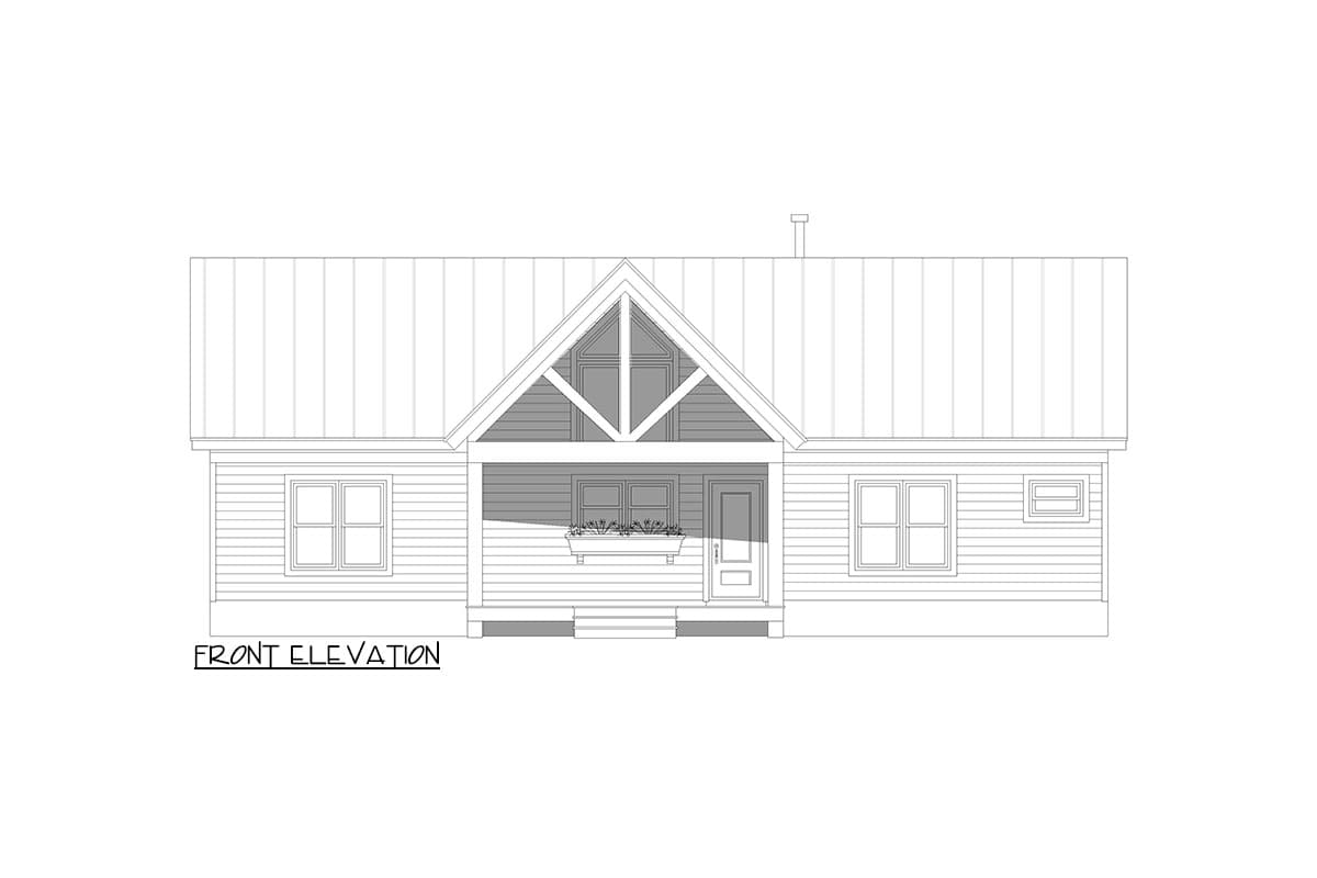 Front elevation drawing of a house with a gabled roof, covered porch with decorative trusses, and double-hung windows.