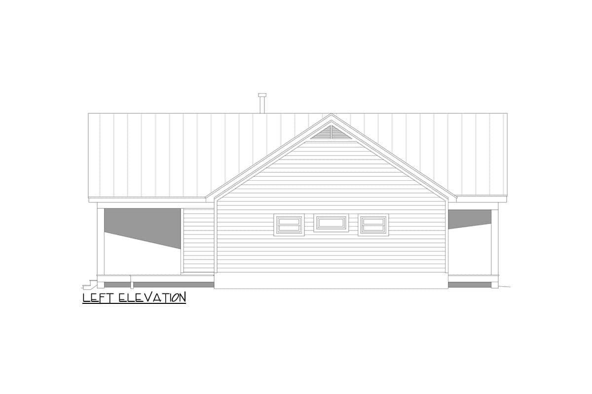 Left elevation drawing of a house plan featuring a gabled roof, lap siding, three windows, and a covered porch.