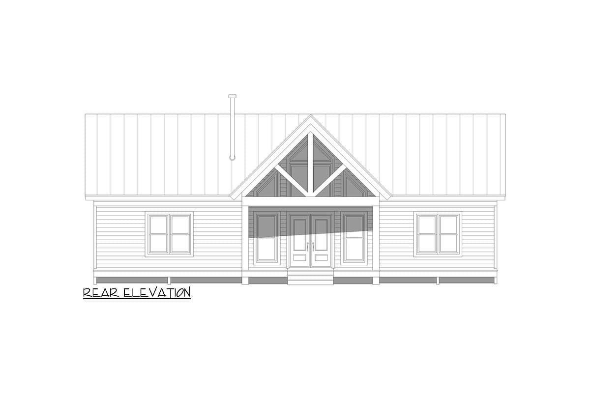 Rear elevation drawing of a house with a prominent gable over the entrance, a metal roof, and double doors.