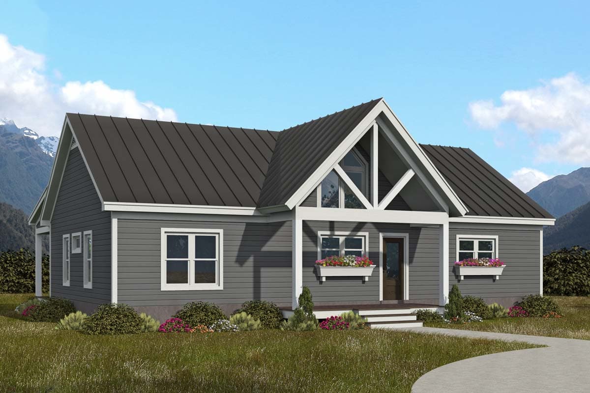 House plan exterior with gable roof, front porch, and exposed gable truss. The one-story home features horizontal siding and flower boxes.