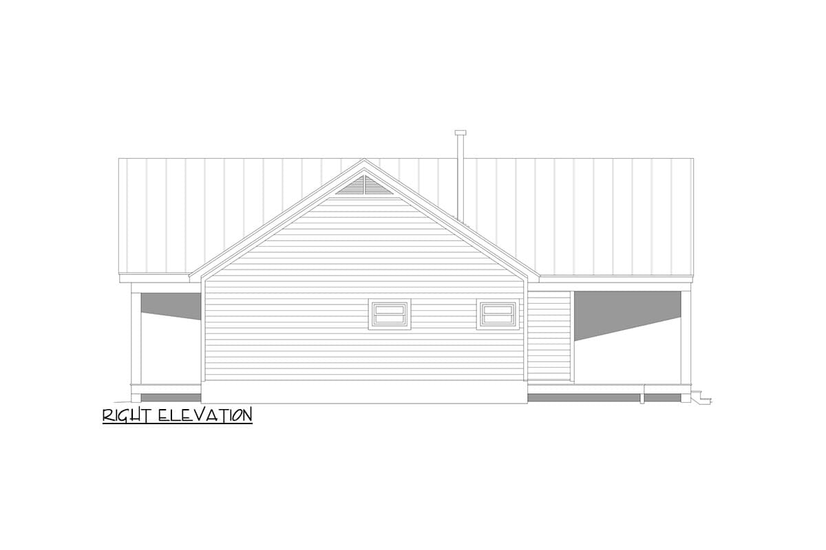 Right elevation drawing of a house with clapboard siding, gable vent, two windows, and a covered porch.