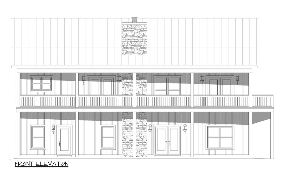 Front elevation drawing of a two-story house with metal roof, stone chimney, and two wraparound porches.