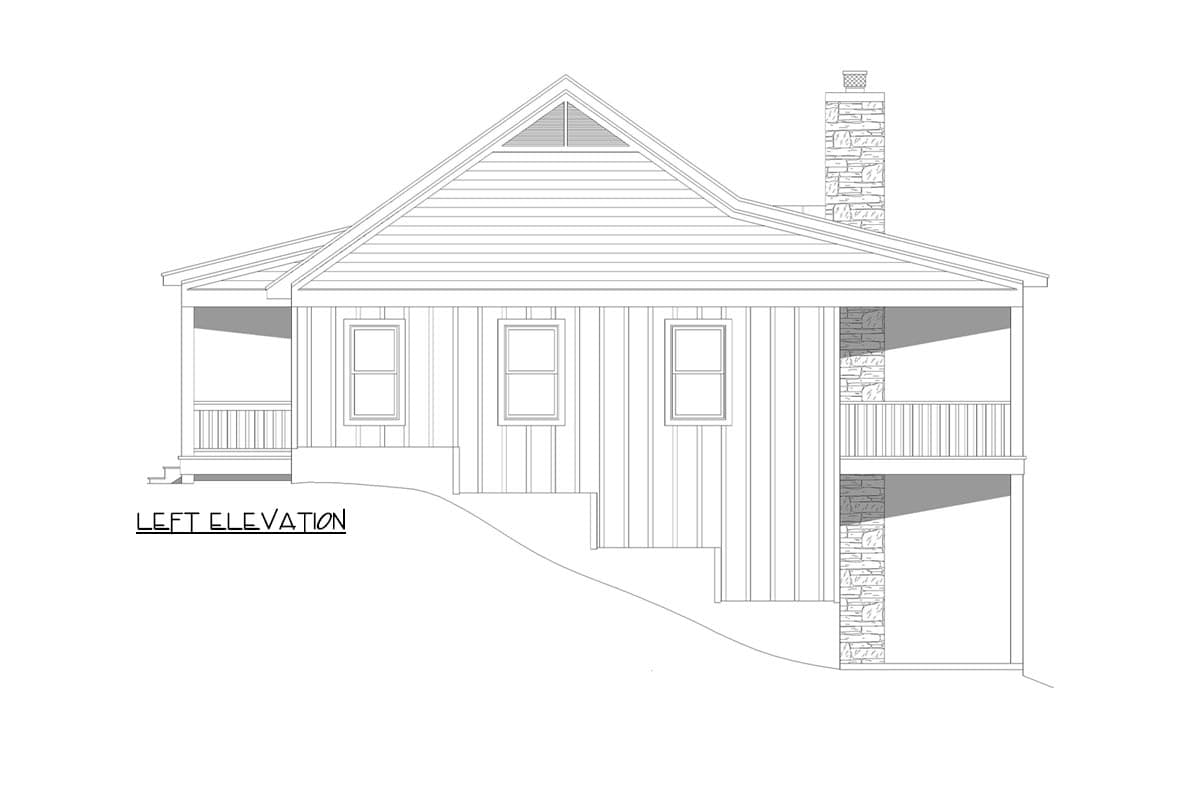Left elevation house plan with gable vent, stone chimney, and a covered porch.